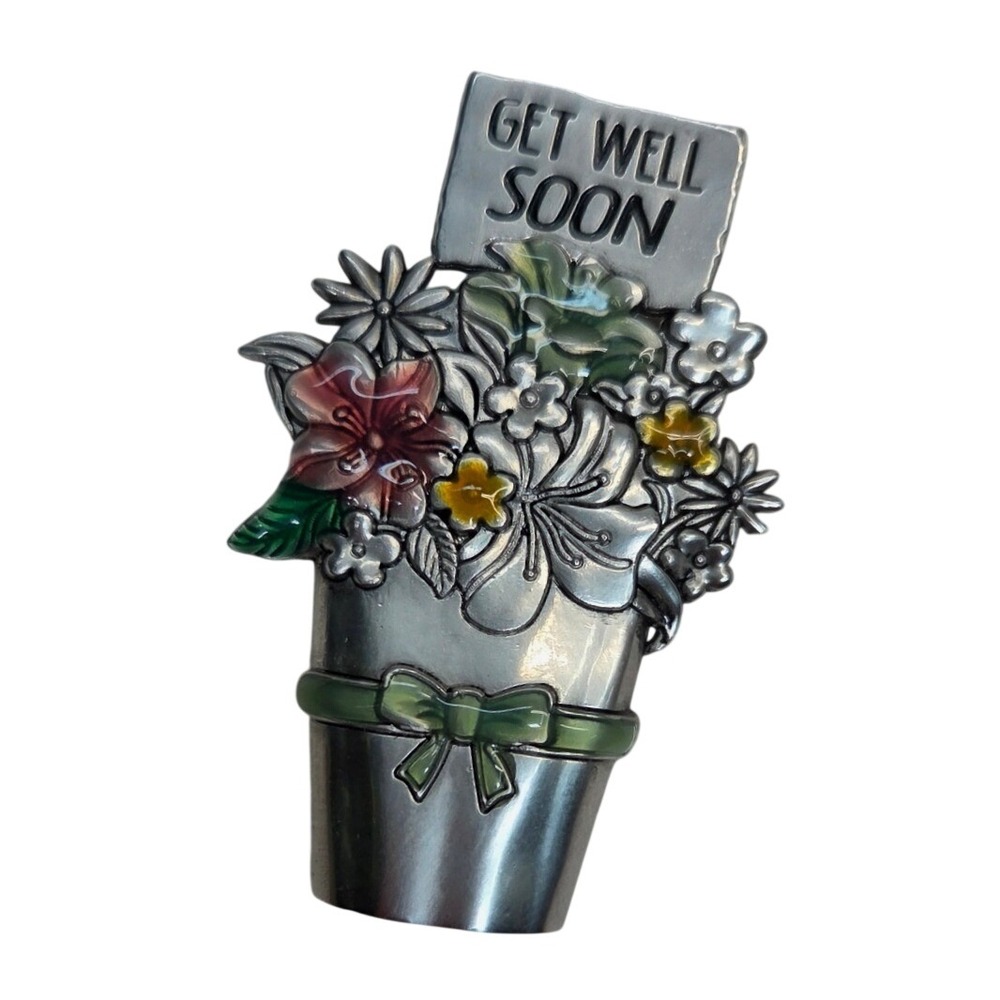 Get Well Soon Flower Bouquet Garden of Love Token Silver-Tone Enamel Vintage